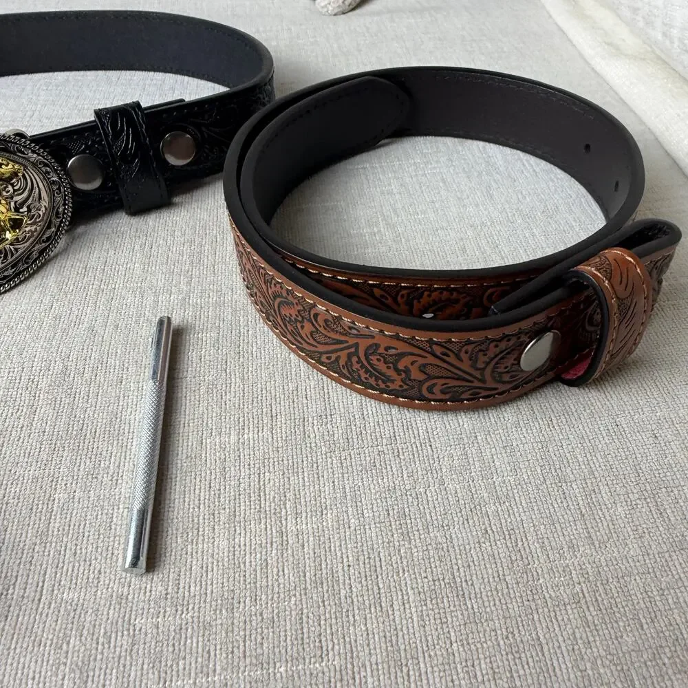 New Kids Western Genuine Leather Belt Embossed Cowboy Cowgirl Bull Horse